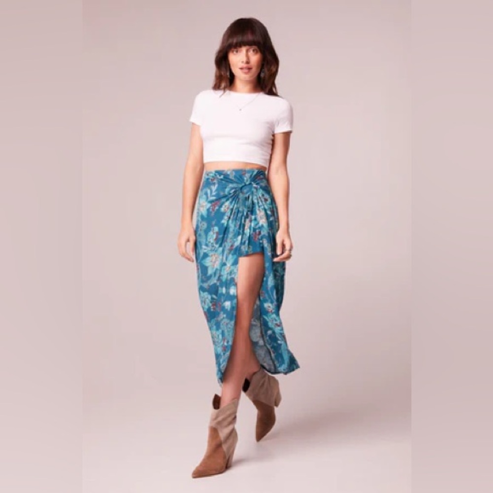 NWT Band Of The Free CELENE TEAL FLORAL LAYERED MIDI SKIRT Bohemian High Low